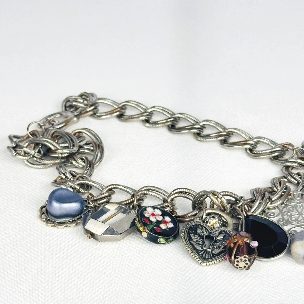 Vintage 90s Silver Charm Necklace Heart Locket Enamel Eclectic Chain Toggle